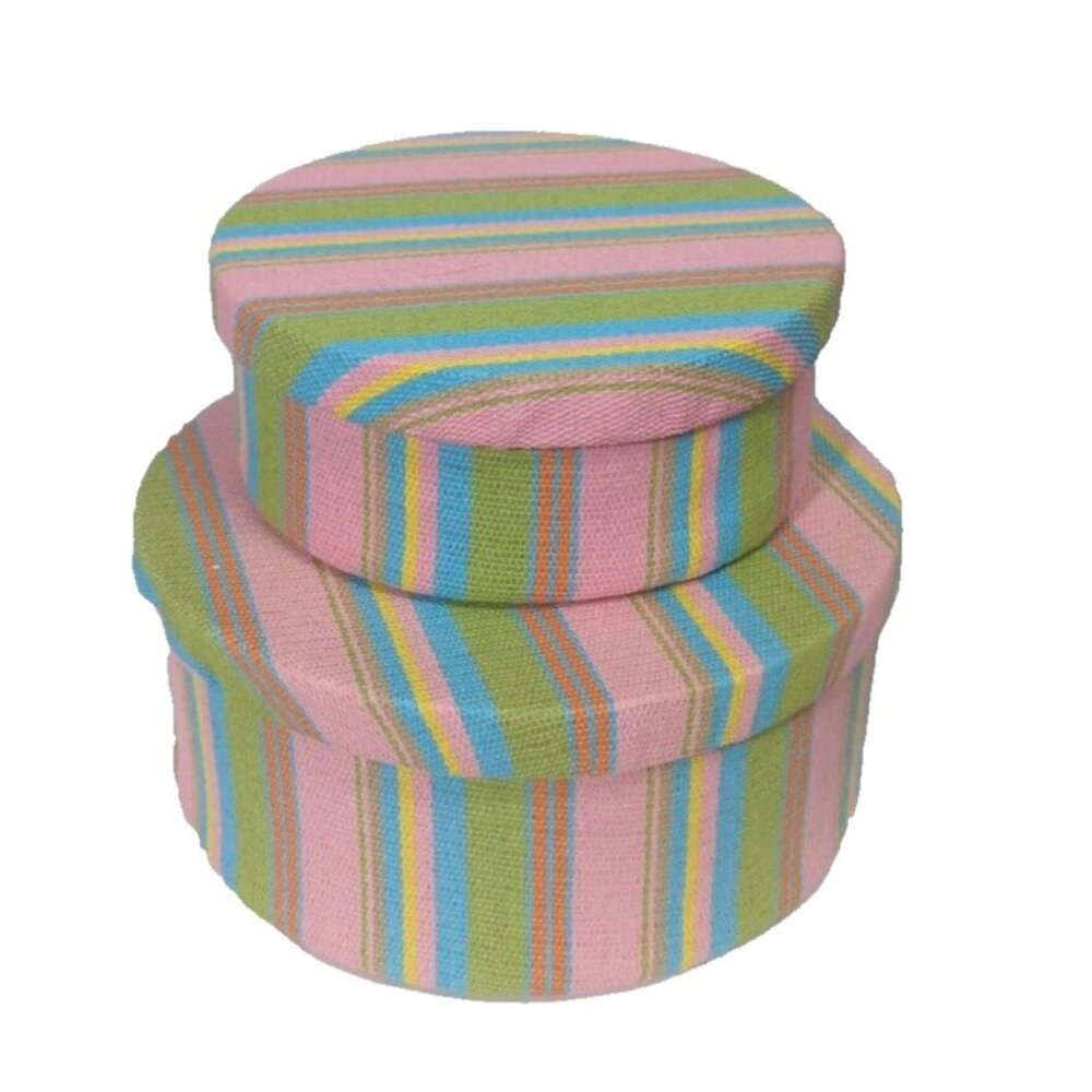 Set/ 2 Nesting Boxes Fabric Covered Round Stripe Pink Lime Aqua Yellow